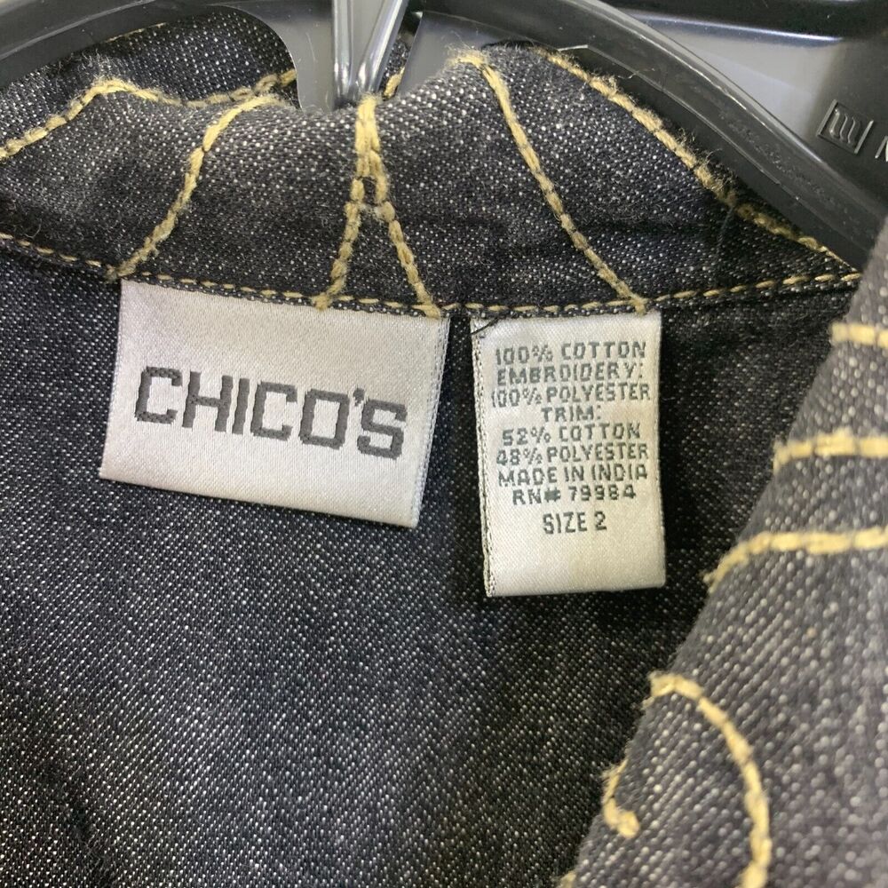 Chicos Denim Jacket Tribal Art Zip Cotton sz 2/ Large 12 Embroidered - Picture 4 of 13